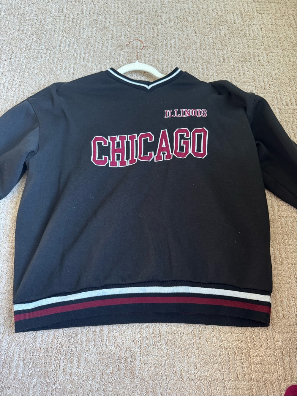 Harper Black V-Neck Chicago Graphic Sweater with Maroon Accent